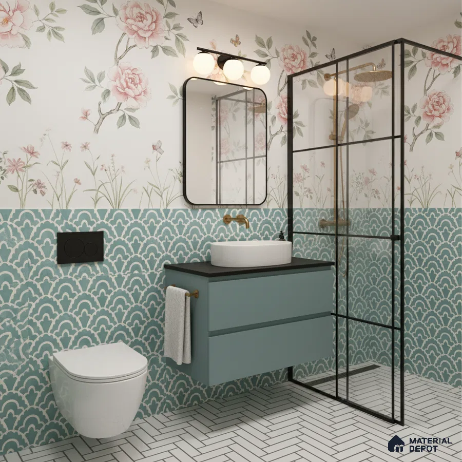 Modern bathroom with floral wallpaper, teal patterned wall tiles, and herringbone white floor tiles in Bengaluru | Material Depot