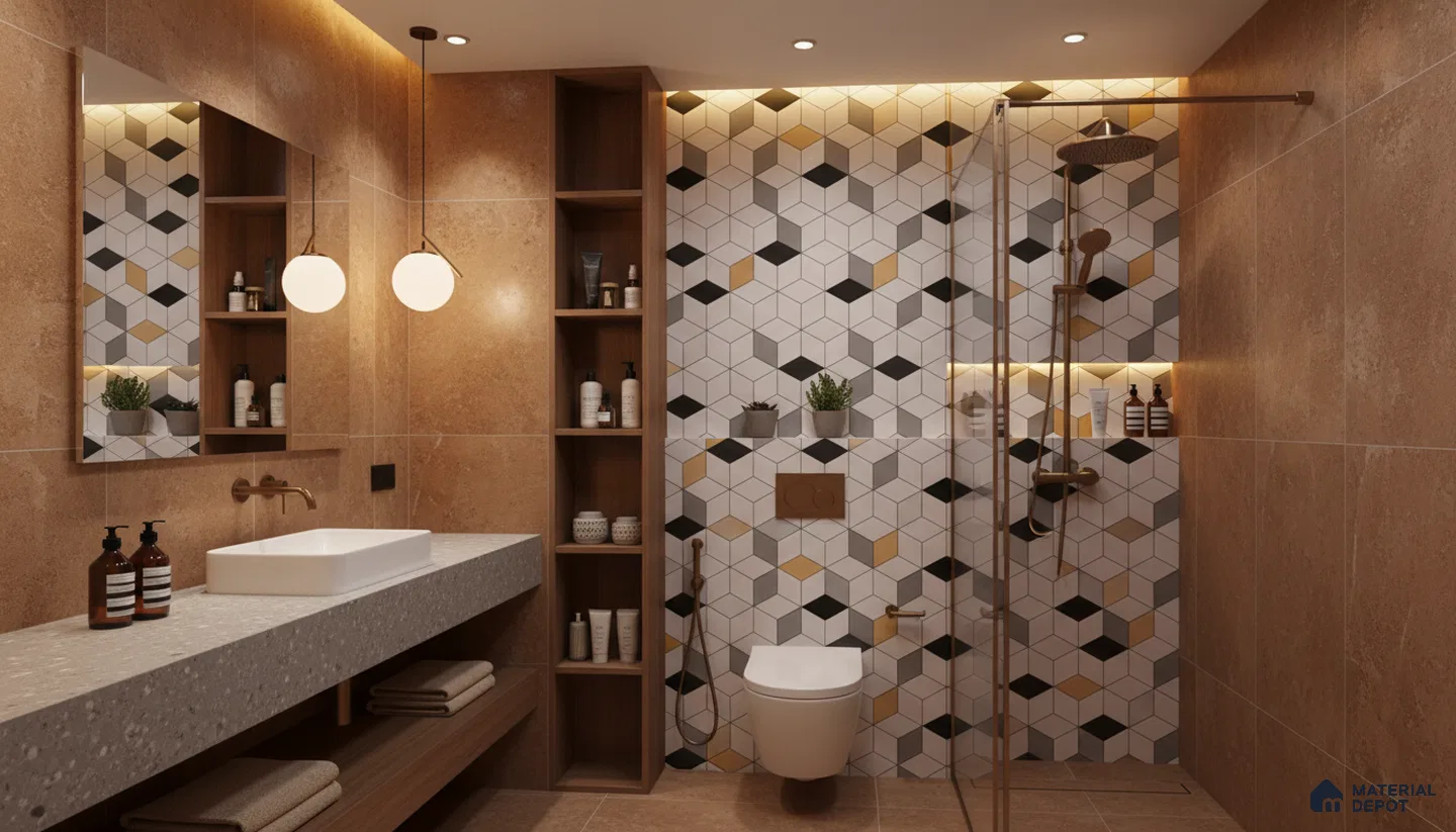 Modern bathroom design with geometric 3D wall tiles, beige stone wall tiles, and terrazzo countertop in Bengaluru | Material Depot