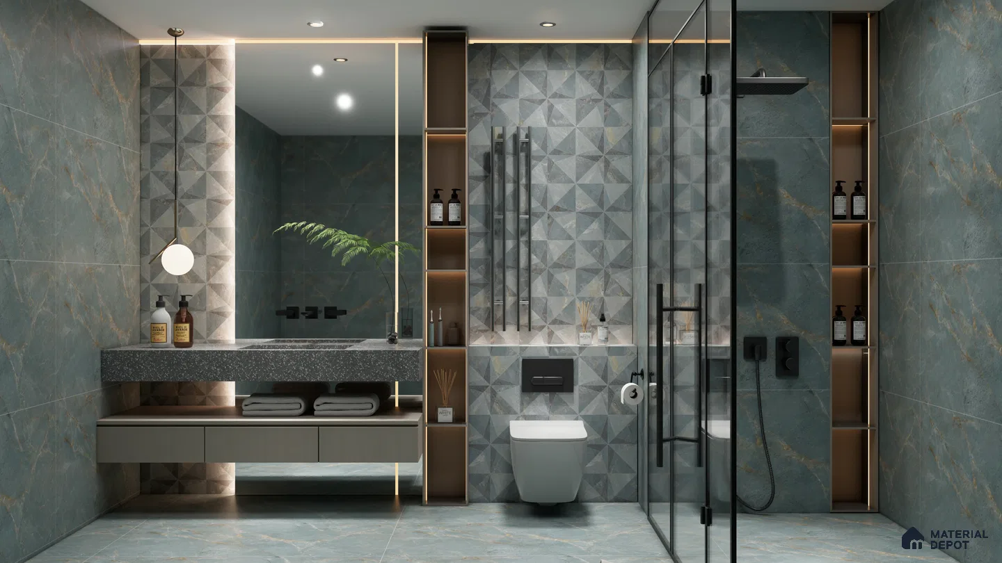 Modern Bathroom with Geometric Accents and Cool Blue-Green Tones | Material Depot