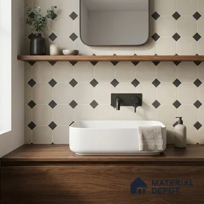 Modern bathroom with geometric beige and black wall tiles and walnut wood vanity