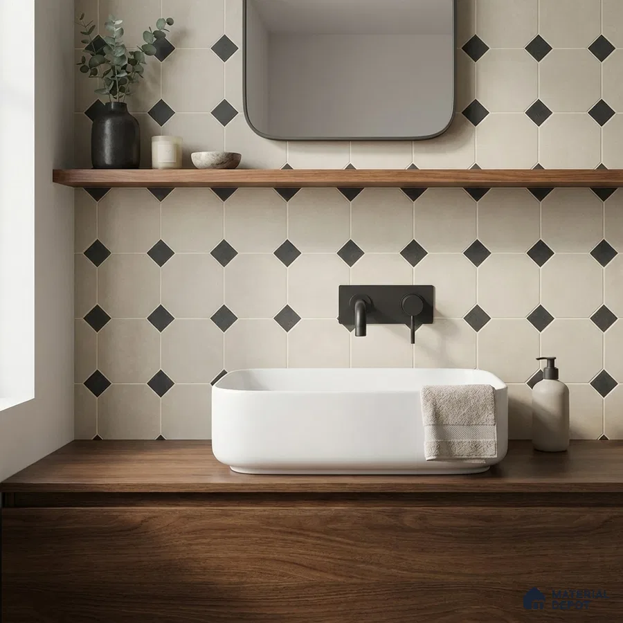 Modern bathroom with geometric beige and black wall tiles and walnut wood vanity