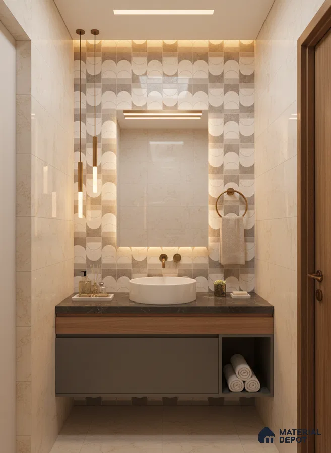Modern bathroom with geometric beige wall tiles, black quartz countertop, and floating vanity | Material Depot