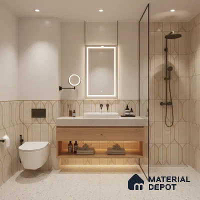 Modern bathroom with geometric beige wall tiles, terrazzo floor tiles, and light wood floating vanity | Material Depot