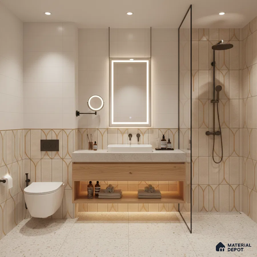 Modern bathroom with geometric beige wall tiles, terrazzo floor tiles, and light wood floating vanity | Material Depot