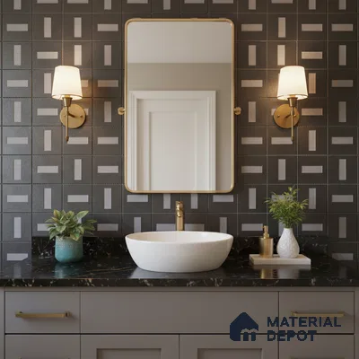 Modern bathroom with geometric black and grey wall tiles and black marble countertop