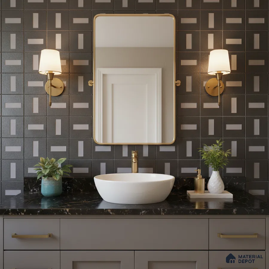 Modern bathroom with geometric black and grey wall tiles and black marble countertop