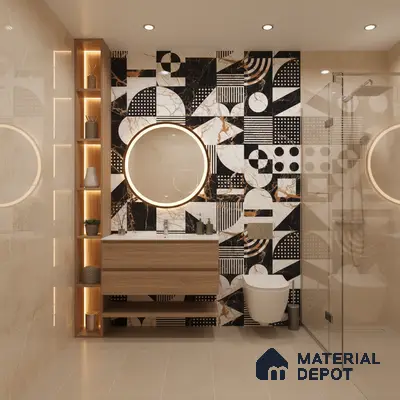 Modern bathroom with geometric black and white marble highlighter tiles and beige marble wall tiles | Material Depot