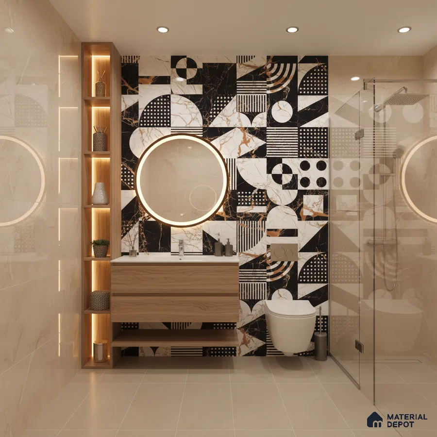 Modern bathroom with geometric black and white marble highlighter tiles and beige marble wall tiles | Material Depot