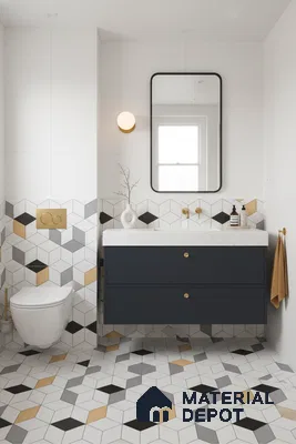 Modern bathroom with geometric black, grey, and gold cube tiles and navy blue vanity in Bengaluru | Material Depot