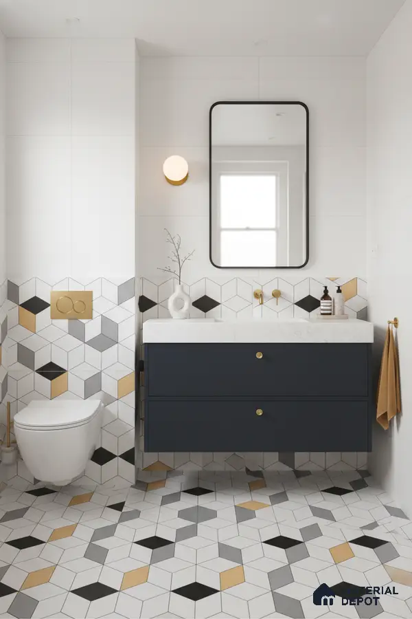 Modern bathroom with geometric black, grey, and gold cube tiles and navy blue vanity in Bengaluru | Material Depot