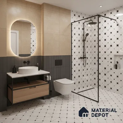 Modern bathroom with geometric black-and-white floor and wall tiles, beige wall tiles, and wood vanity in Bengaluru | Material Depot