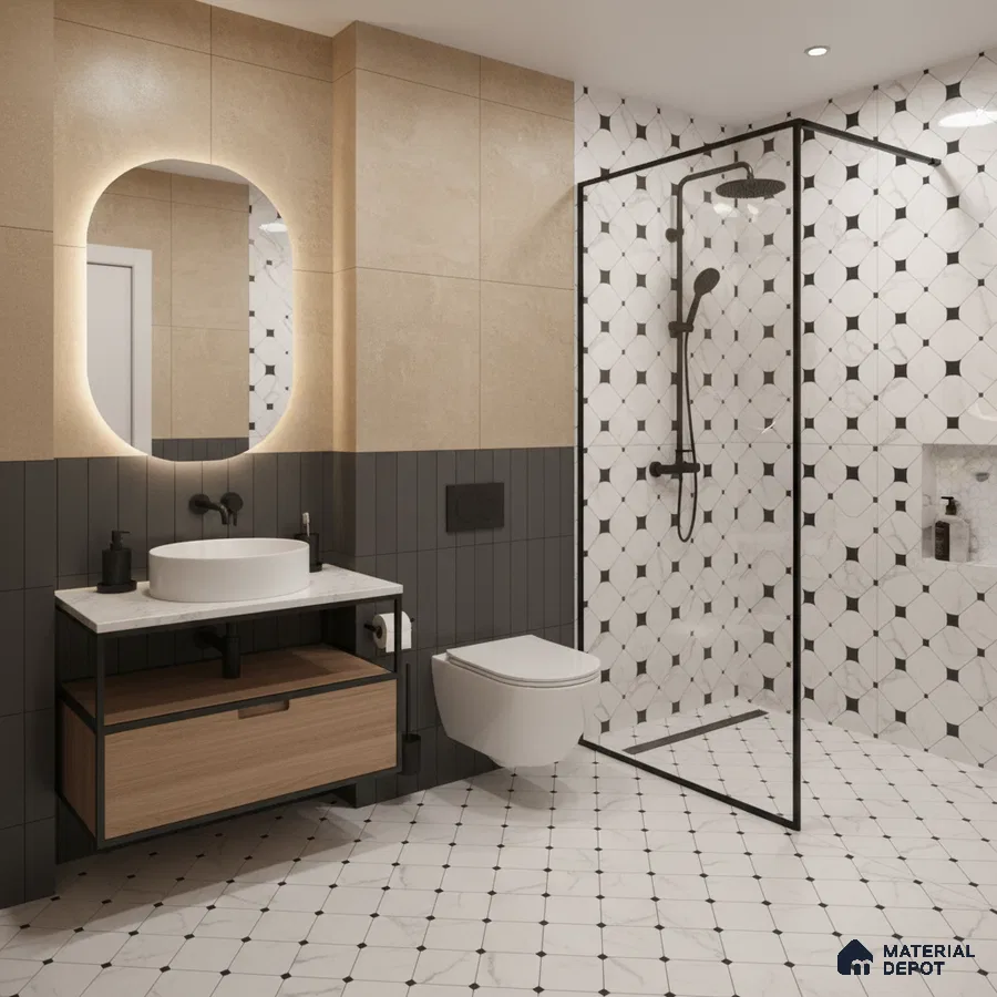Modern bathroom with geometric black-and-white floor and wall tiles, beige wall tiles, and wood vanity in Bengaluru | Material Depot