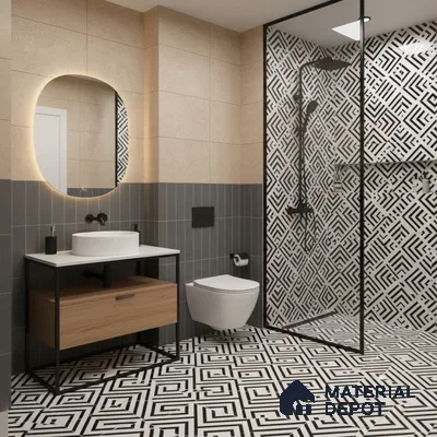 Modern bathroom with geometric black-and-white floor and wall tiles, beige wall tiles, and wood vanity in Bengaluru | Material Depot