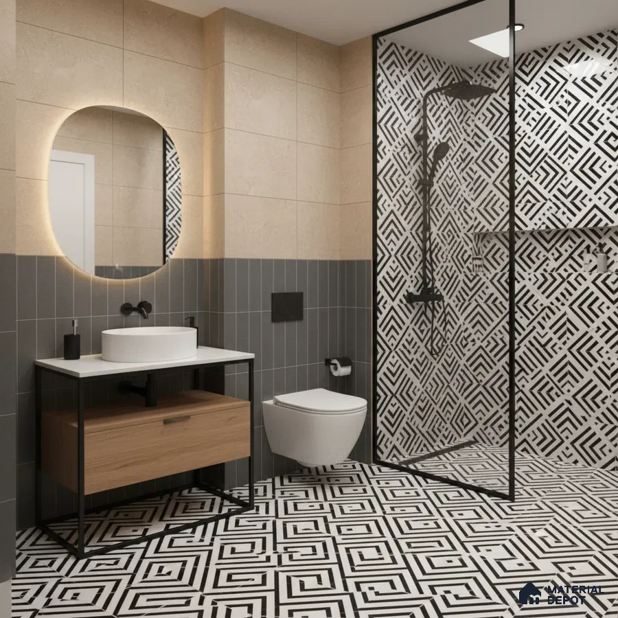 Modern bathroom with geometric black-and-white floor and wall tiles, beige wall tiles, and wood vanity in Bengaluru | Material Depot