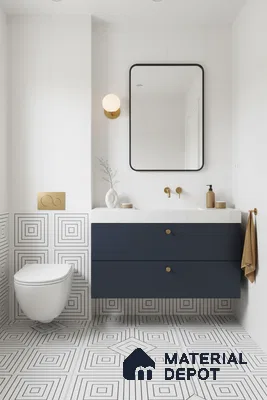 Modern bathroom with geometric black-and-white floor and wall tiles, navy blue vanity, and white marble countertop in Bengaluru | Material Depot