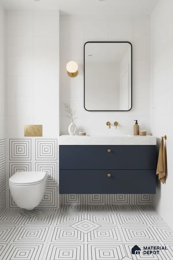 Modern bathroom with geometric black-and-white floor and wall tiles, navy blue vanity, and white marble countertop in Bengaluru | Material Depot