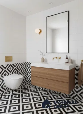 Modern bathroom with geometric black-and-white floor and wall tiles, white wall tiles, and wood vanity in Bengaluru | Material Depot