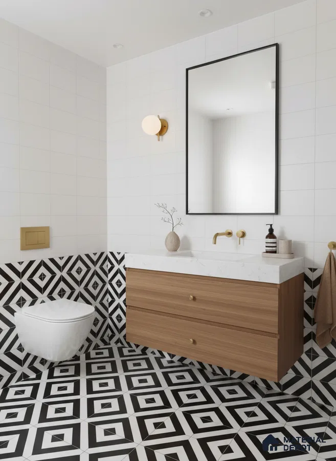 Modern bathroom with geometric black-and-white floor and wall tiles, white wall tiles, and wood vanity in Bengaluru | Material Depot
