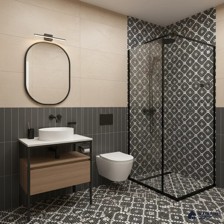 Modern bathroom with geometric black-and-white mosaic tiles, beige wall tiles, and vertical grey subway wall tiles in Bengaluru | Material Depot