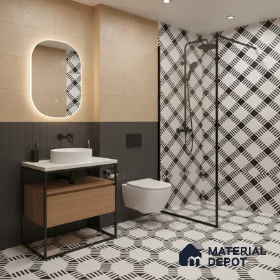 Modern bathroom with geometric black-and-white patterned tiles and beige wall tiles in Bengaluru | Material Depot