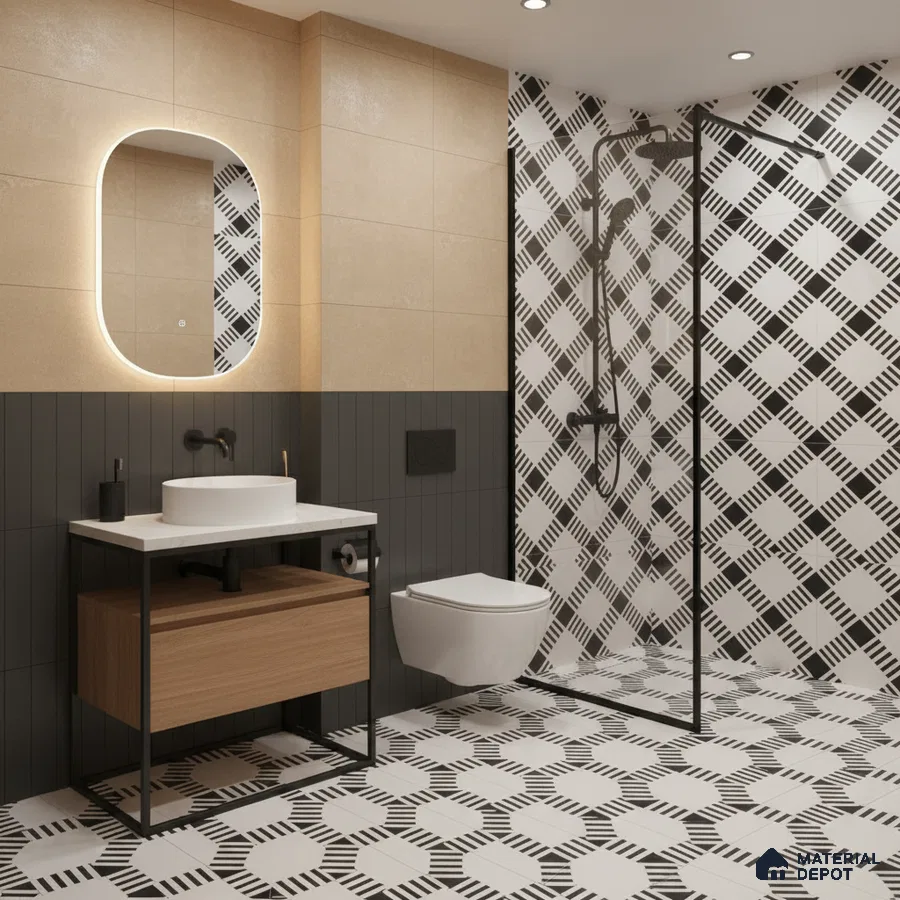 Modern bathroom with geometric black-and-white patterned tiles and beige wall tiles in Bengaluru | Material Depot