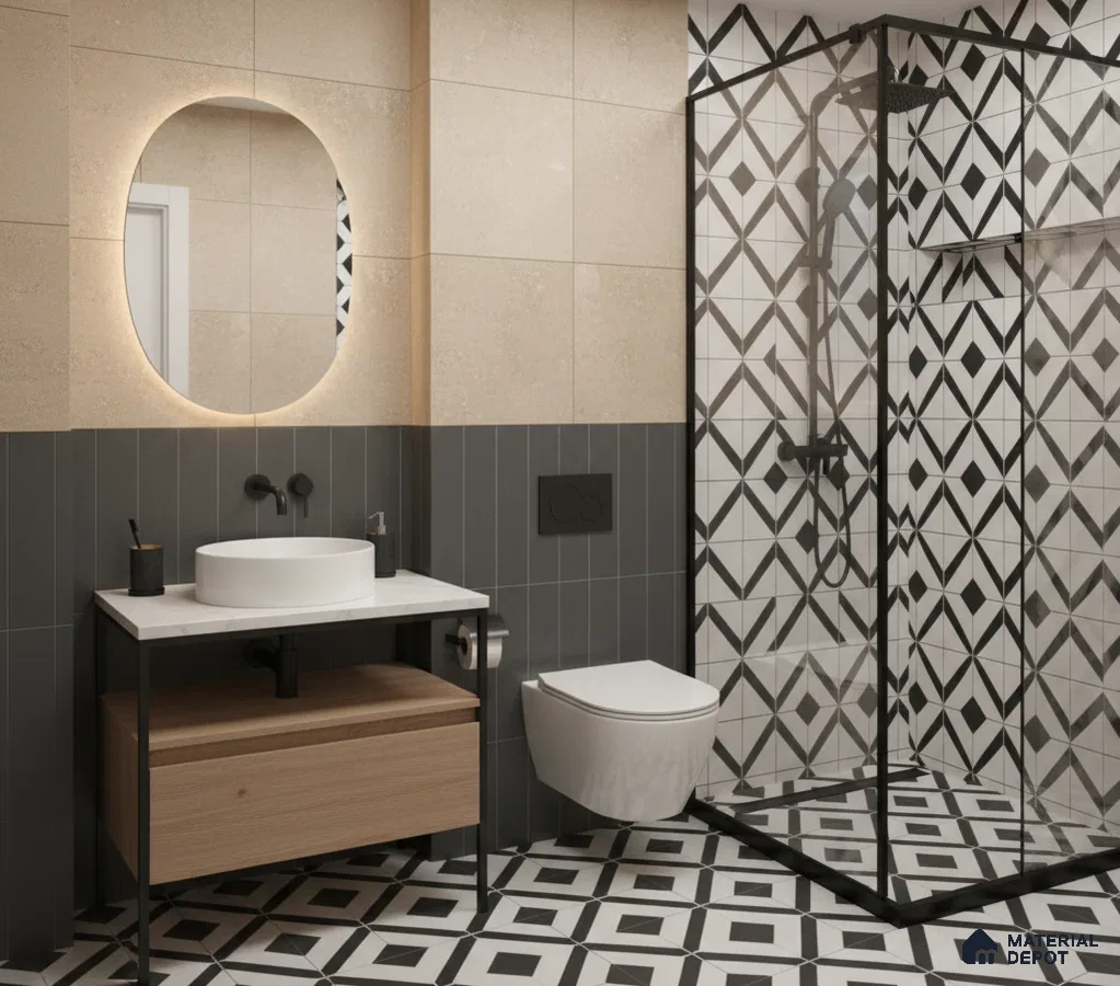 Modern bathroom with geometric black-and-white patterned tiles and beige wall tiles in Bengaluru | Material Depot