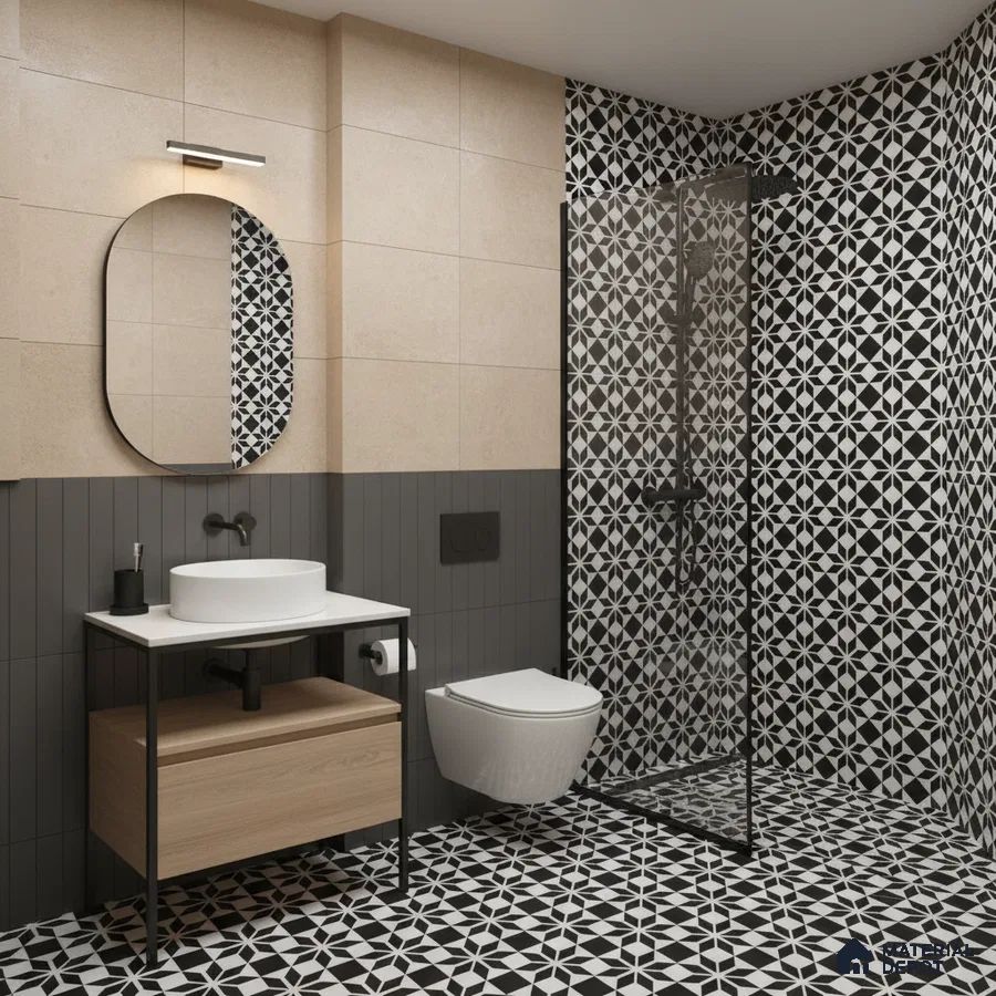 Modern bathroom with geometric black-and-white patterned tiles and beige wall tiles in Bengaluru | Material Depot