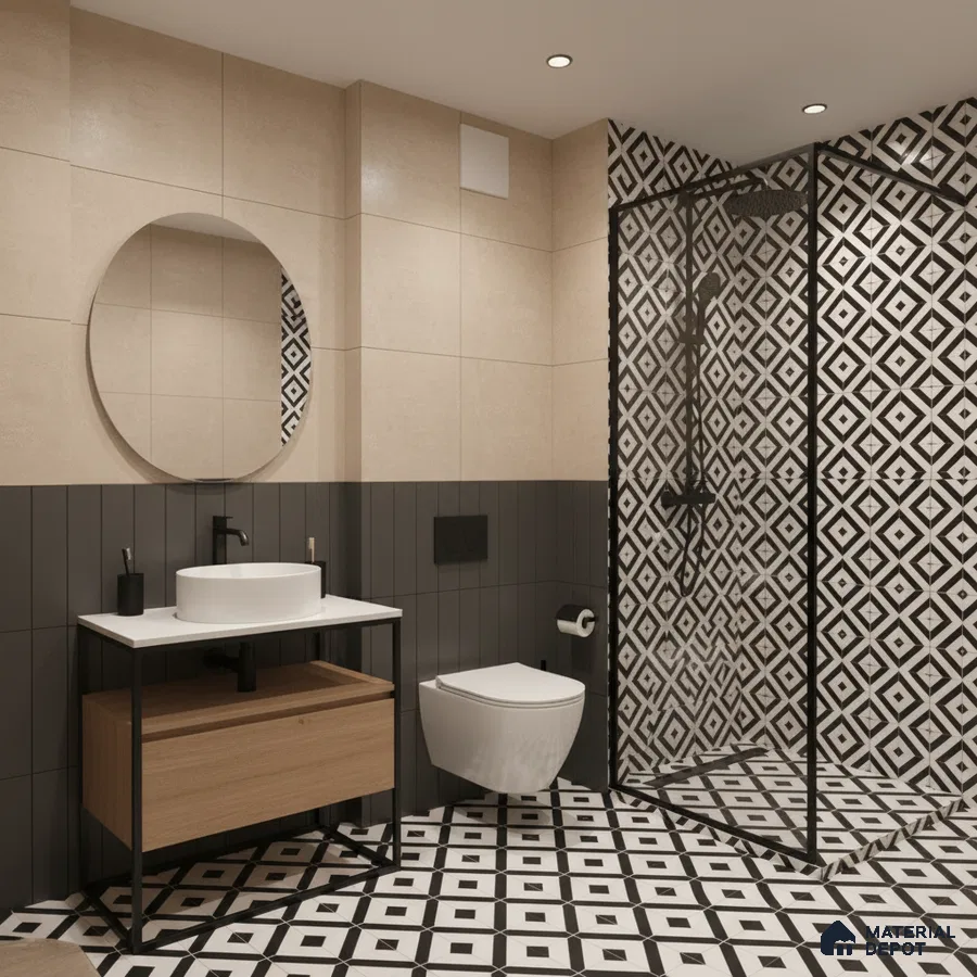 Modern bathroom with geometric black-and-white patterned tiles and matte grey wall tiles in Bengaluru | Material Depot