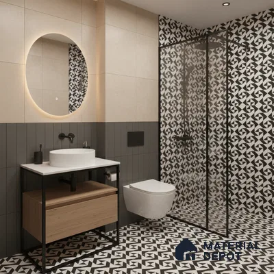 Modern bathroom with geometric black-and-white patterned tiles and wood vanity in Bengaluru | Material Depot