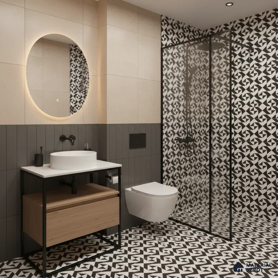 Modern bathroom with geometric black-and-white patterned tiles and wood vanity in Bengaluru | Material Depot