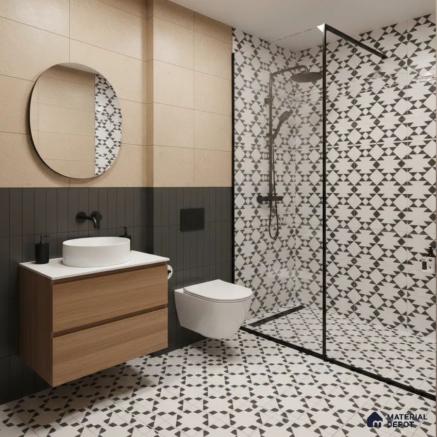 Modern bathroom with geometric black-and-white patterned tiles and wood vanity in Bengaluru | Material Depot