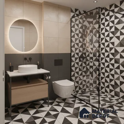 Modern bathroom with geometric black-and-white tiles and beige wall tiles in Bengaluru | Material Depot