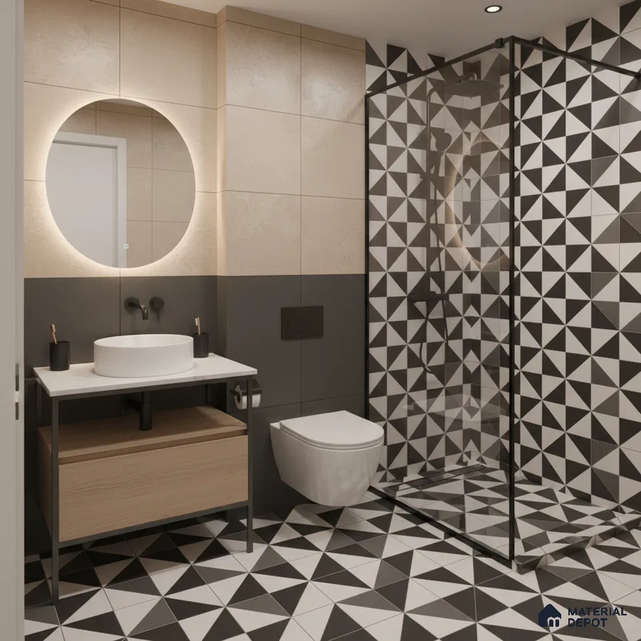 Modern bathroom with geometric black-and-white tiles and beige wall tiles in Bengaluru | Material Depot