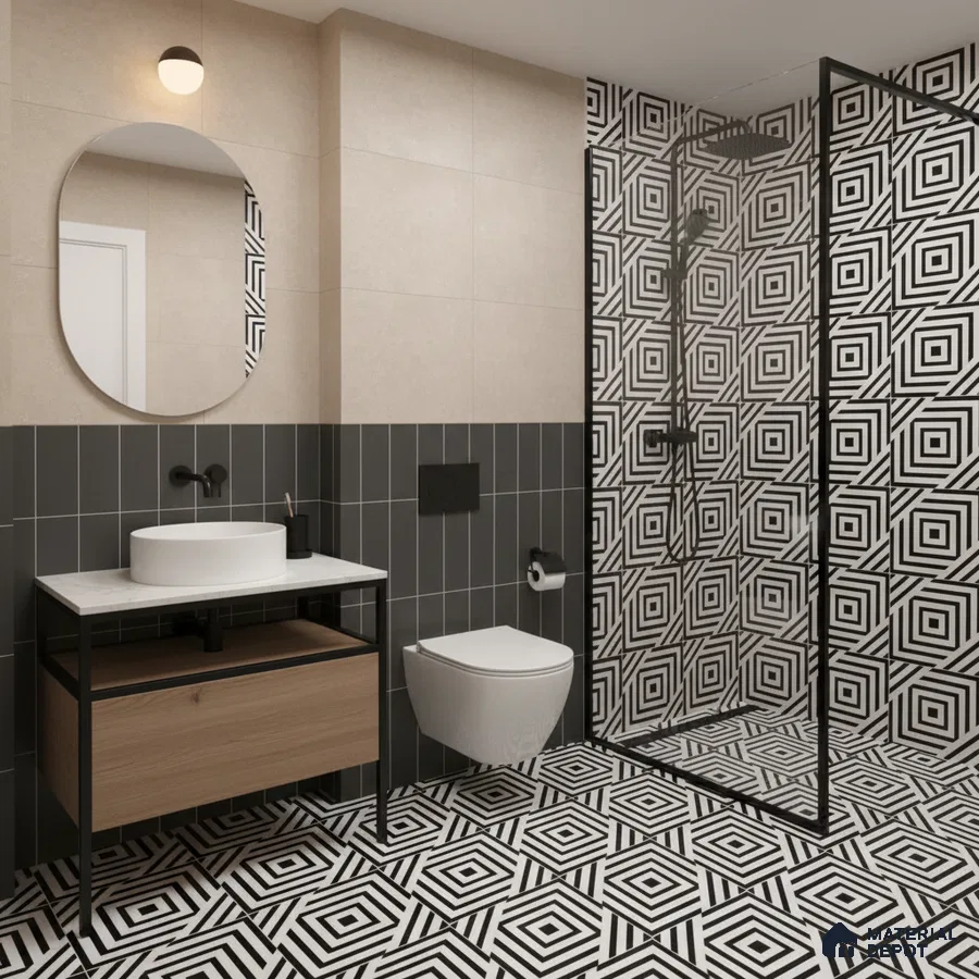 Modern bathroom with geometric black-and-white tiles, matte black fixtures, and wood vanity in Bengaluru | Material Depot