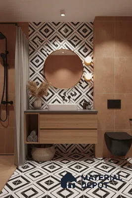 Modern bathroom with geometric black-and-white tiles, terracotta wall tiles, and wood vanity in Bengaluru | Material Depot
