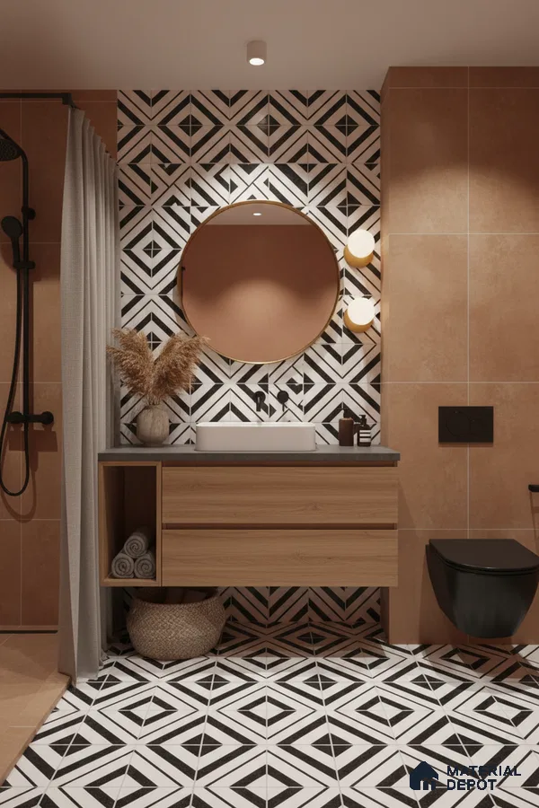 Modern bathroom with geometric black-and-white tiles, terracotta wall tiles, and wood vanity in Bengaluru | Material Depot