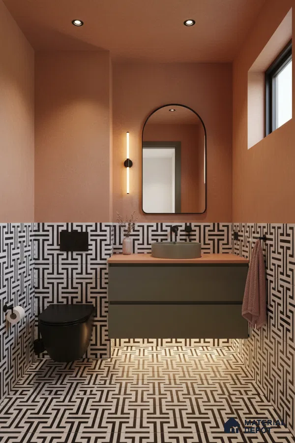 Modern bathroom with geometric black-and-white wall and floor tiles and matte olive vanity in Bengaluru | Material Depot