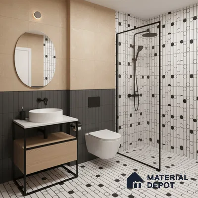 Modern bathroom with geometric black-and-white wall and floor tiles, beige wall tile, and wood vanity in Bengaluru | Material Depot