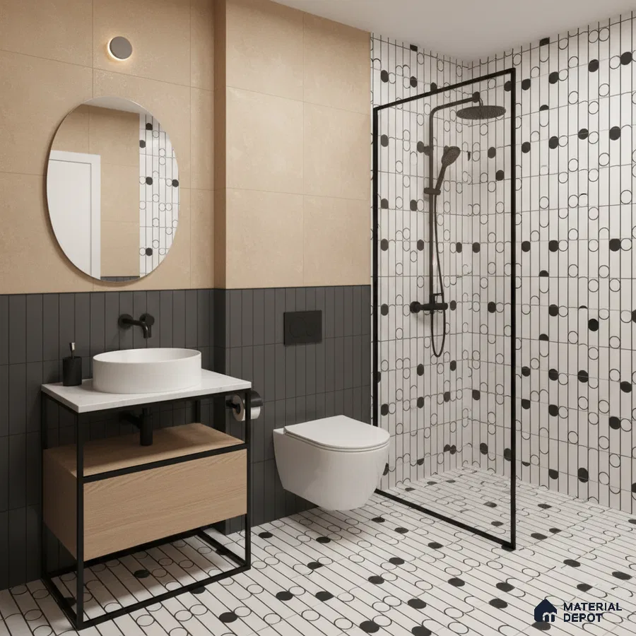 Modern bathroom with geometric black-and-white wall and floor tiles, beige wall tile, and wood vanity in Bengaluru | Material Depot