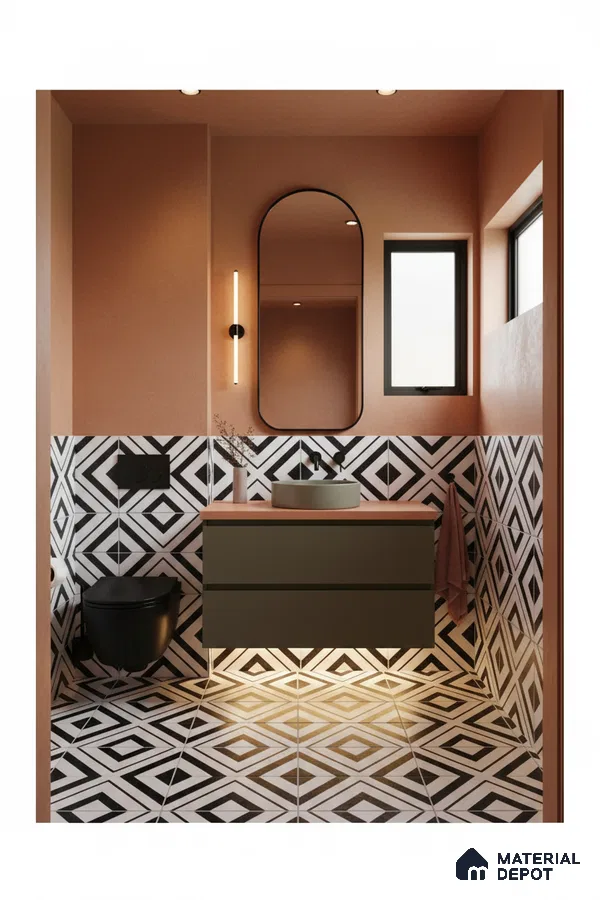 Modern bathroom with geometric black-and-white wall and floor tiles, matte olive vanity, and terracotta wall paint in Bengaluru | Material Depot