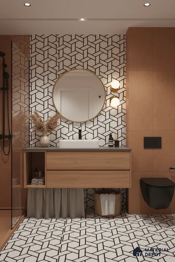 Modern bathroom with geometric black-and-white wall and floor tiles, wood laminate vanity, and matte terracotta wall panels in Bengaluru | Material Depot