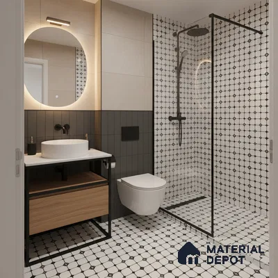 Modern bathroom with geometric black-and-white wall and floor tiles, wood vanity, and matte black fixtures in Bengaluru | Material Depot