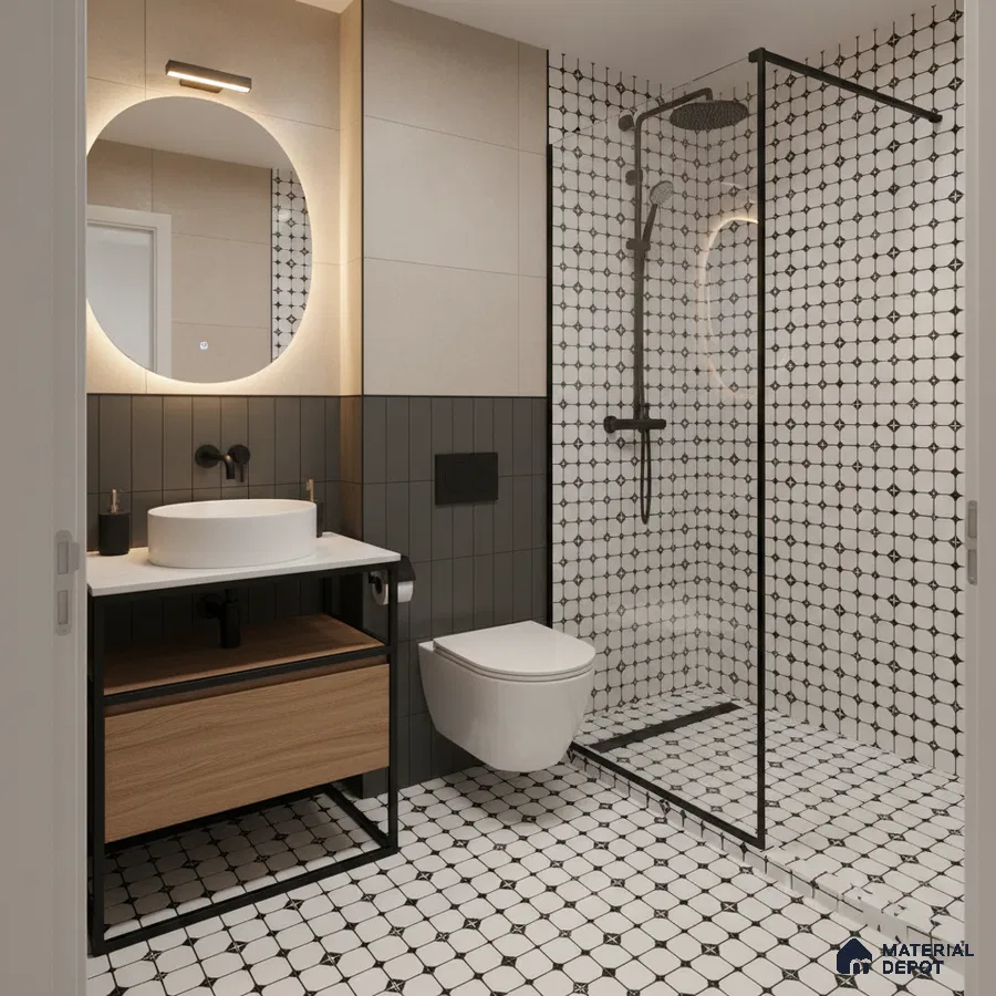 Modern bathroom with geometric black-and-white wall and floor tiles, wood vanity, and matte black fixtures in Bengaluru | Material Depot