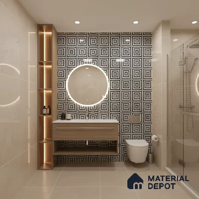 Modern bathroom with geometric black-and-white wall tiles and beige marble-look floor tiles | Material Depot