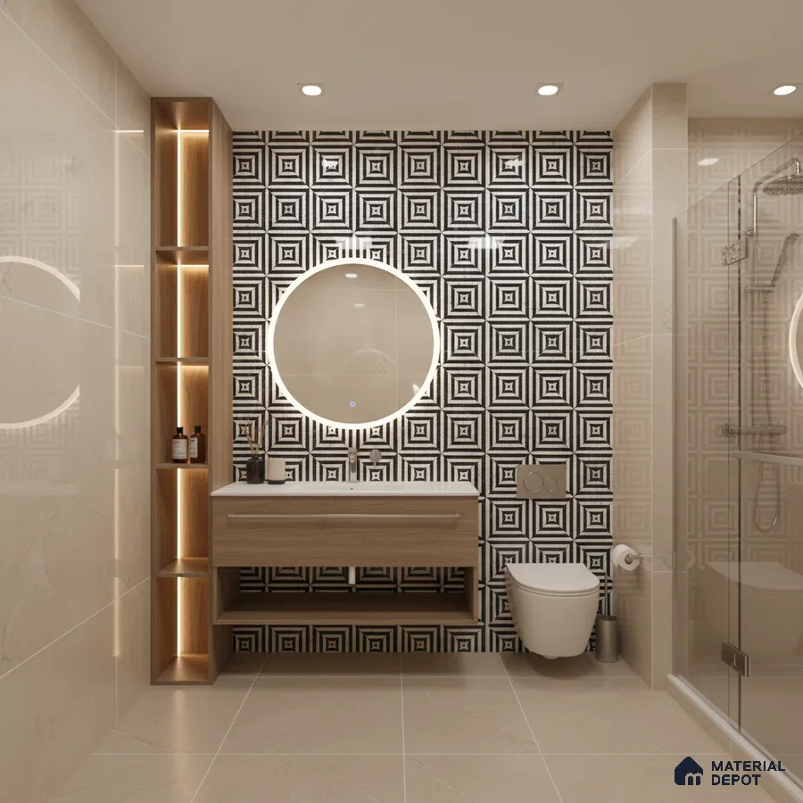 Modern bathroom with geometric black-and-white wall tiles and beige marble-look floor tiles | Material Depot