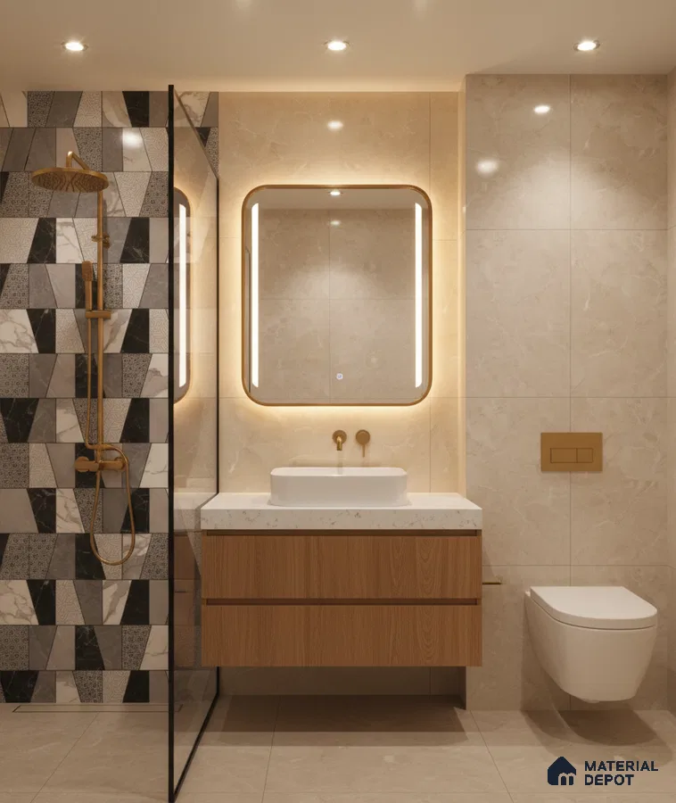 Modern bathroom with geometric black-and-white wall tiles, beige marble-look tiles, and wood vanity | Material Depot