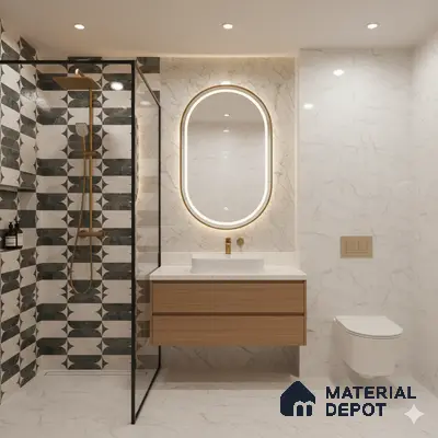 Modern bathroom with geometric black-and-white wall tiles, marble-look wall tiles, and wood vanity | Material Depot