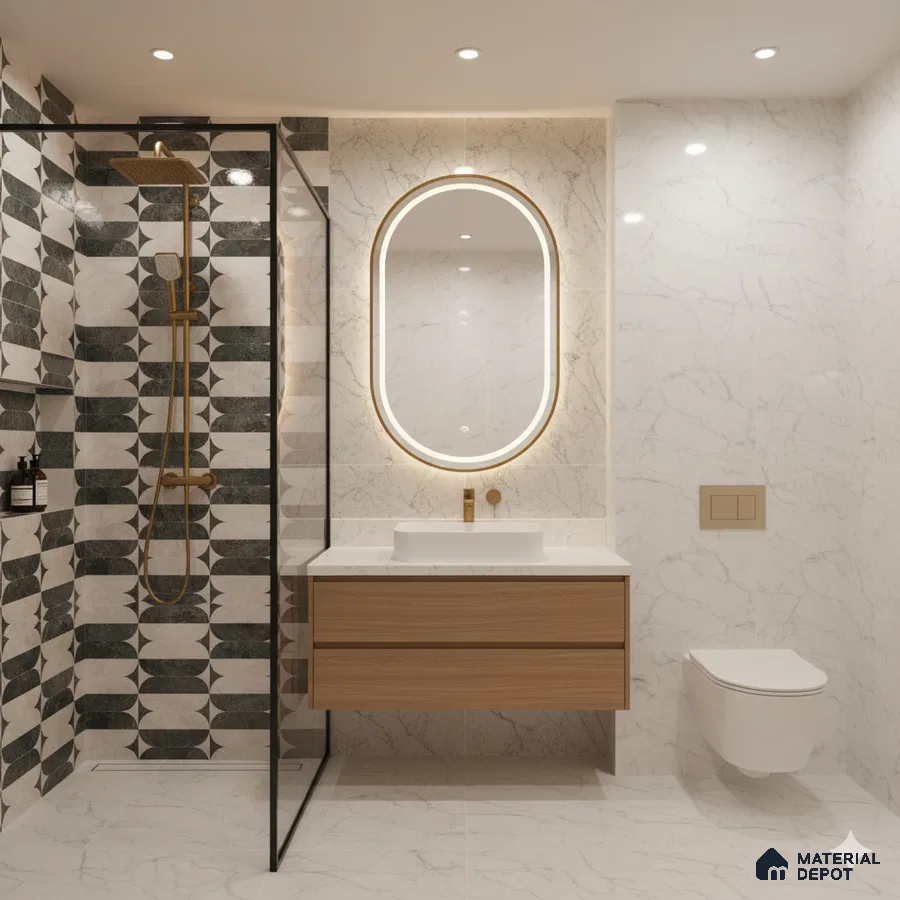 Modern bathroom with geometric black-and-white wall tiles, marble-look wall tiles, and wood vanity | Material Depot