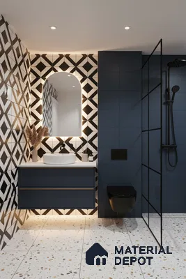 Modern bathroom with geometric black-and-white wall tiles, navy blue matte tiles, and terrazzo floor tiles in Bengaluru | Material Depot