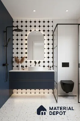 Modern bathroom with geometric black-and-white wall tiles, terrazzo floor tiles, and navy blue floating vanity in Bengaluru | Material Depot